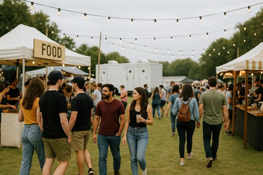People walk and gather at an outdoor food market with string lights overhead and vendor tents set up on a grassy area, while an ada 3 stall restroom trailer ensures comfortable facilities for everyone.