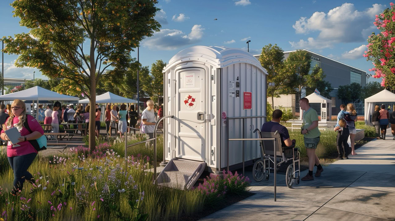 accessible handicap friendly toilet rental at an outdoor event with several people walking and sitting in the background on a sunny day.