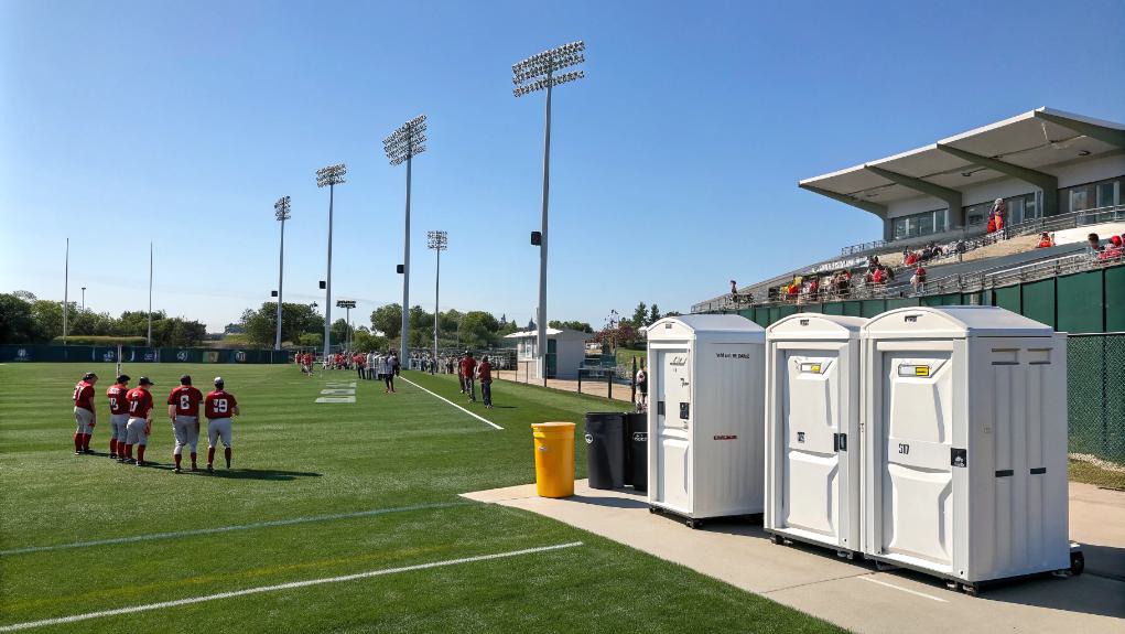 A Group Of People In Sports Uniforms Stands On A Grass Field Near Restroom Trailers And Bleachers Under A Clear Sky, Capturing The Lively Atmosphere Of Sporting Events.