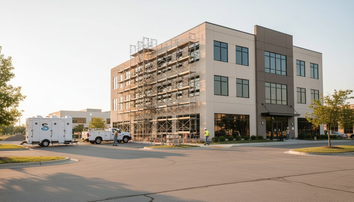 Commercial office building exterior with restroom trailer positioned in parking area during renovation