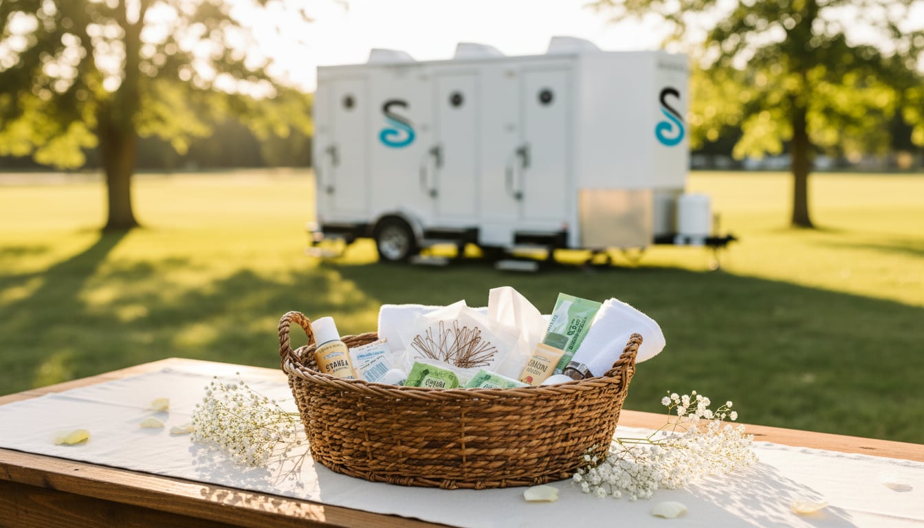 Assortment of women's wedding bathroom basket essentials including hairspray bobby pins mints and hand lotion arranged in a wicker basket