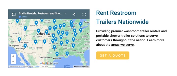 Map of restroom trailer rental locations across the US.