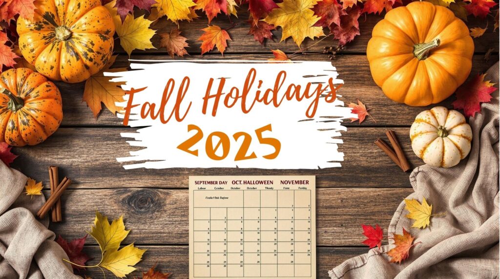 A wooden table adorned with pumpkins, autumn leaves, cinnamon sticks, and a cozy cloth surrounds a calendar titled "fall holidays 2025," evoking cherished memories of the fall season.