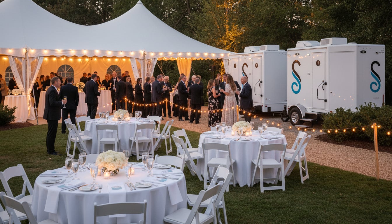Multiple elegant restroom trailers positioned at tented charity gala showing formal outdoor event setup and lighting