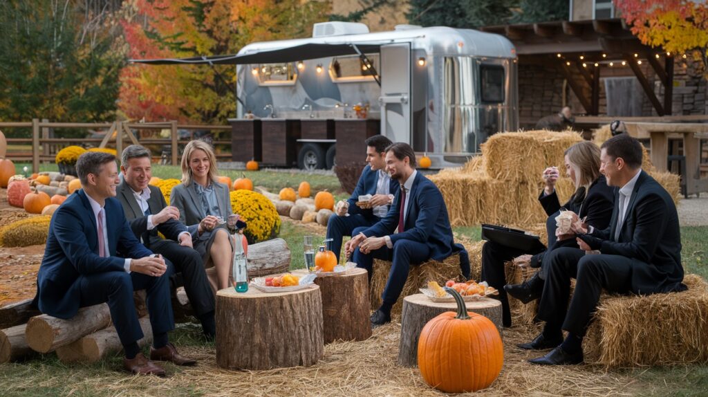 a group of people in formal attire sit on tree stumps and hay bales in an outdoor setting, enjoying food with an airstream trailer and vibrant autumn foliage in the background, showcasing one of the best fall event ideas.
