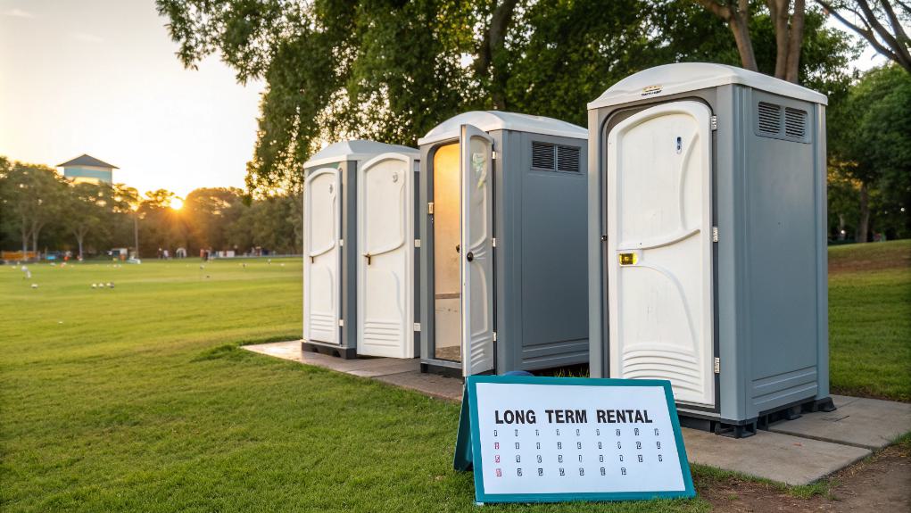 Three Portable Restrooms On A Grassy Field With A "long Term Rental" Sign In Front. Trees And A Setting Sun Form The Backdrop, Perfectly Illustrating Our Commitment To Quality Portable Restroom Rentals For Extended Use.