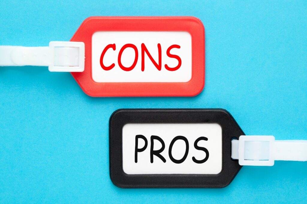 Pros and cons labels connected on blue background.