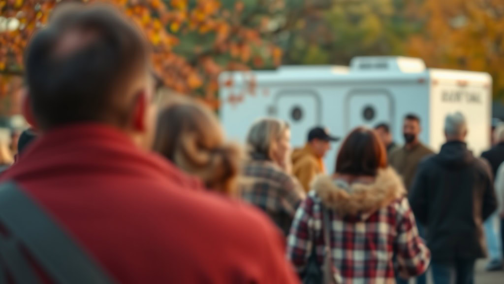 A group of people in warm clothing gather outdoors near a white trailer, immersed in fall festivities, as vibrant autumn leaves paint the park setting with cherished memories.